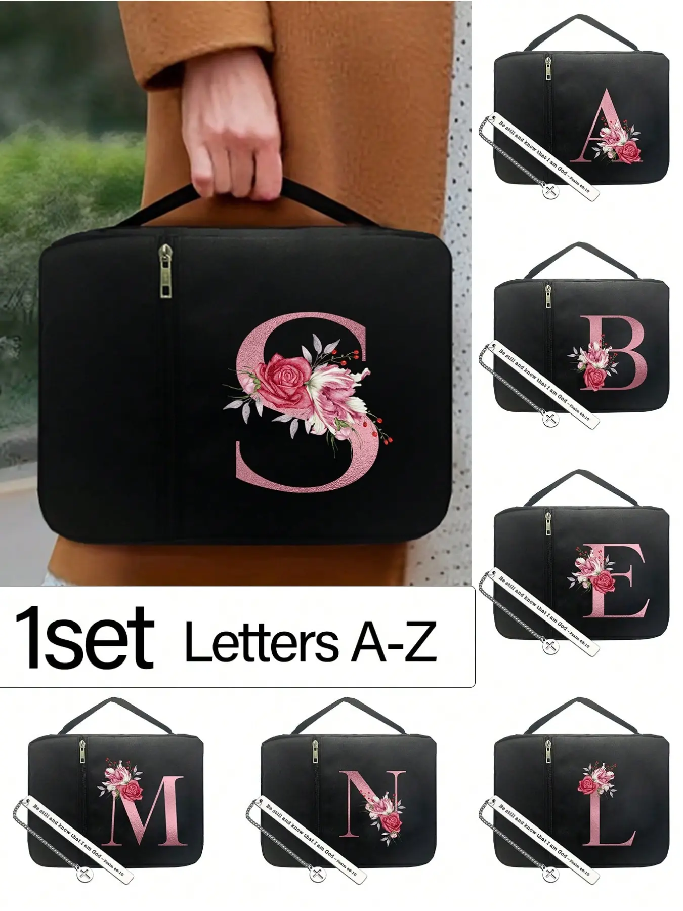 Black Bible bag, Personal Organizer, adorned with rose initial letter print pattern, Portable design, standard size, with zipper and pocket, can be used to store books, tablets, phones, miscellaneous items, etc, Storage Bag, Portable storage bags