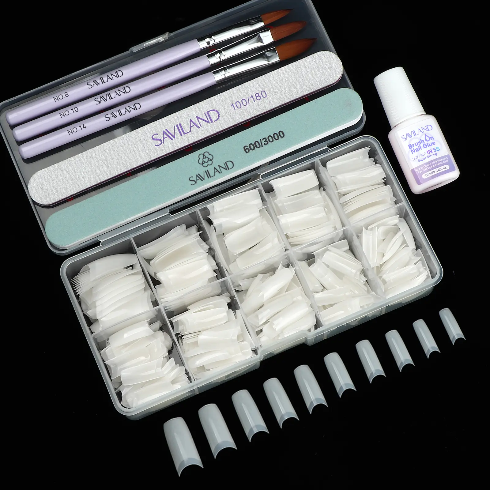 SAVILAND Acrylic Nail Tips Kit with Acrylic Nail Brushes: 10 Sizes Half Cover French Nail Tips with Size 8/10/14 Brushes for DIY Acrylic Nail Art
