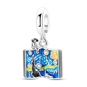 MULA Book of the Starry Night Pendant – 925 Silver-plated, Enamel, and Cubic Zirconia | Compatible with Pandora bracelets and necklaces | Artistic gift for women and girls
