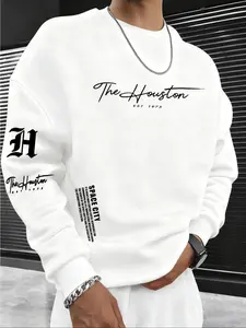 Men's Letter Pattern Fleece Lined Round Neck Fitted Long Sleeve Pullover Sweatshirt, Fall & Winter Casual Classic Versatile Top, Men's Clothing