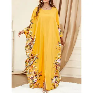 [Elegant Floral Print Kaftan] Elegant Batwing Sleeve Floral Print Kaftan Abaya - Crew Neck Split Maxi Dress - Women's Clothing