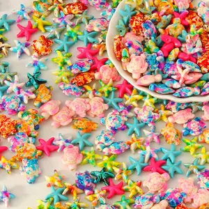 70pcs macaron-colored DIY beaded jewelry accessories, perforated beaded ocean series, sea turtle and starfish, with 5 rolls of elastic rope, color random