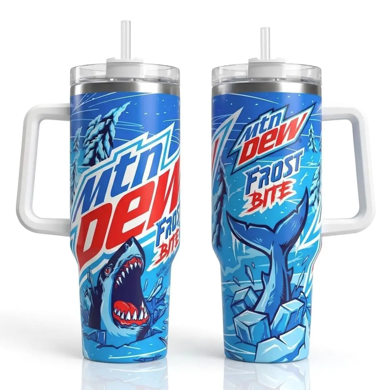 MTN Dew Frost Bite 40oz Tumbler With Handle & Straw, Limited Edition Frost Shark Collector Cup, Vintage Soda Fan Gift, Ice Blue Stainless Steel Travel Mug, Double Wall Insulated Beverage Tumbler