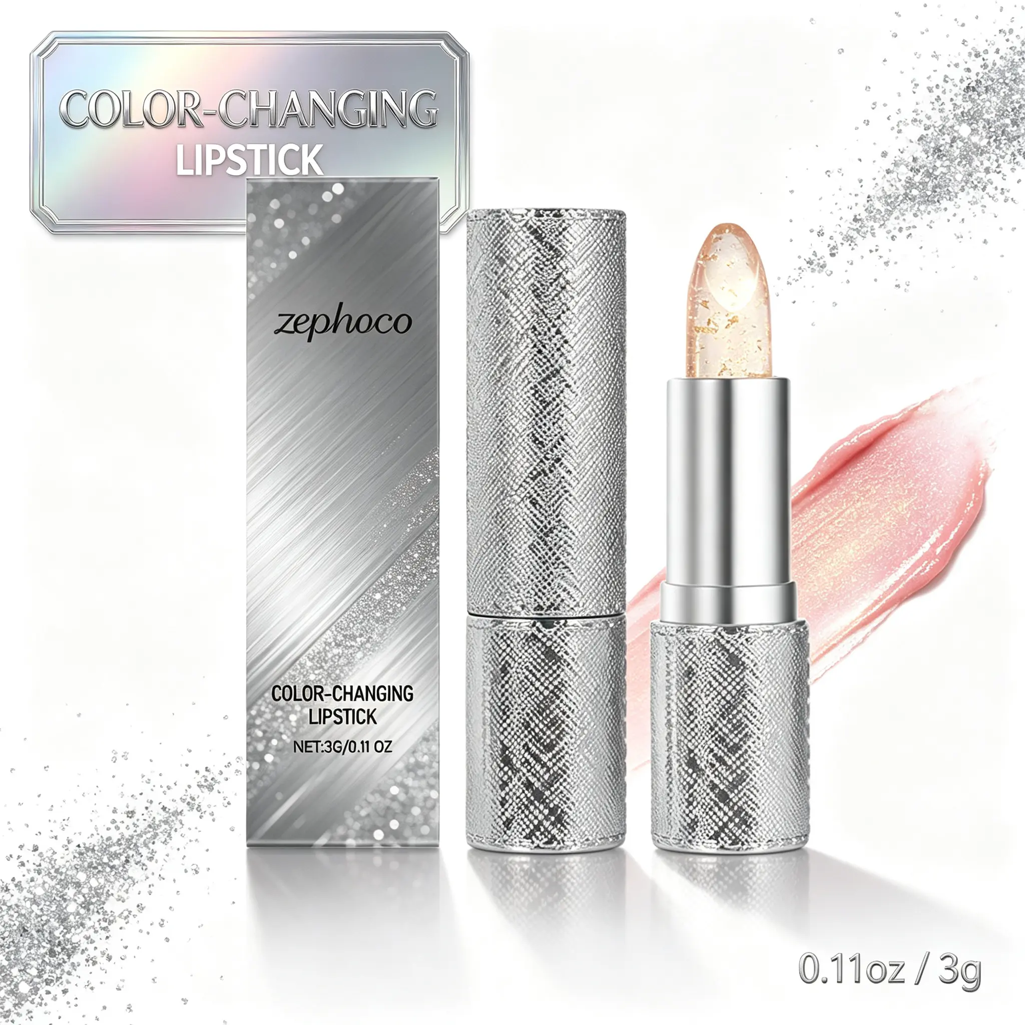 Color Changing Lipstick with Gold Flakes, Hydrating pH Lip Balm for a Custom Glossy Pink Shade, Long Lasting Daily Cosmetic for Dry Lips, 0.11oz Compact Clear