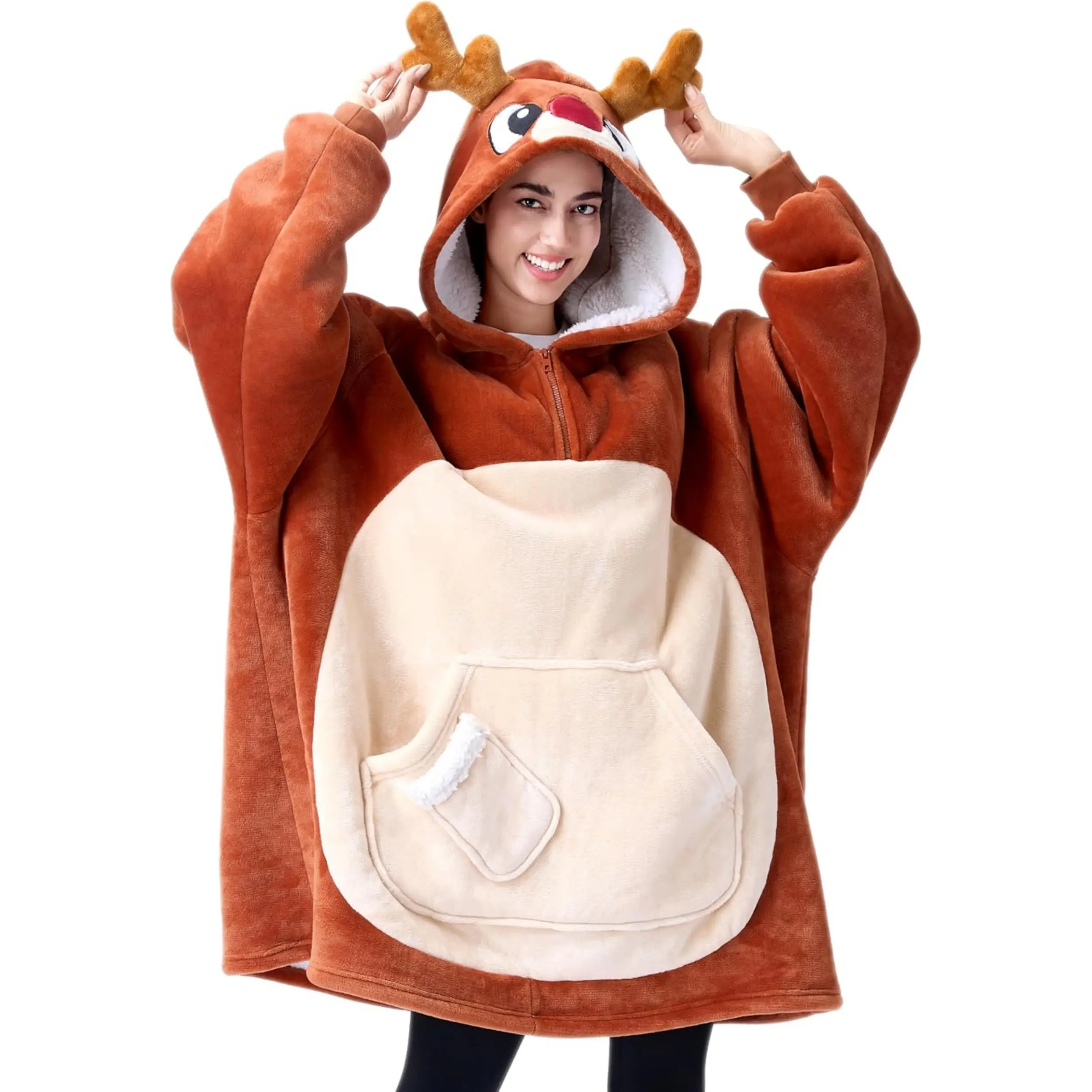 Christmas 2025 Gifts Giggling Getup Wearable Blanket Hoodie - Oversized Soft Sherpa Fleece Hooded Blanket - Warm Cozy Flannel Blanket Sweatshirt with Giant Pocket & Sleeves - Reindeer Gift for Adults Women Men