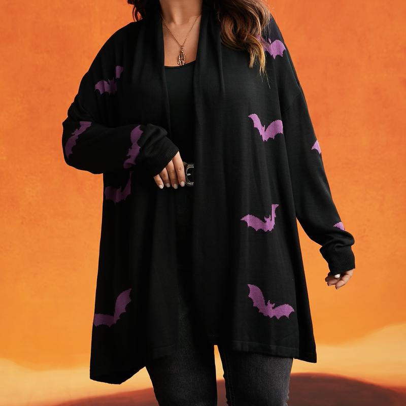 BloomChic Plus Size Women's Loose Fit Knit Cardigan - Goth Bat Print Open Front Longsleeves, Soft Rayon Layering Top, Casual Goth Clothes, SohoChic, Sweaters for Women