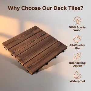 Acacia Wood Click-Parquet Deck Tiles - Outdoor Waterproof All-Weather Brown Striped Flooring for Balcony, Backyard