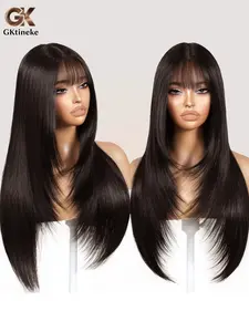 Gktineke Long straight layered glueless synthetic smooth wig with bangs 26-inch non-adhesive, brown wig for curtain bangs hair, realistic scalp, high-quality fibers, put on and go, suitable for all races, hairpiece, easy to wear, Straight Wigs
