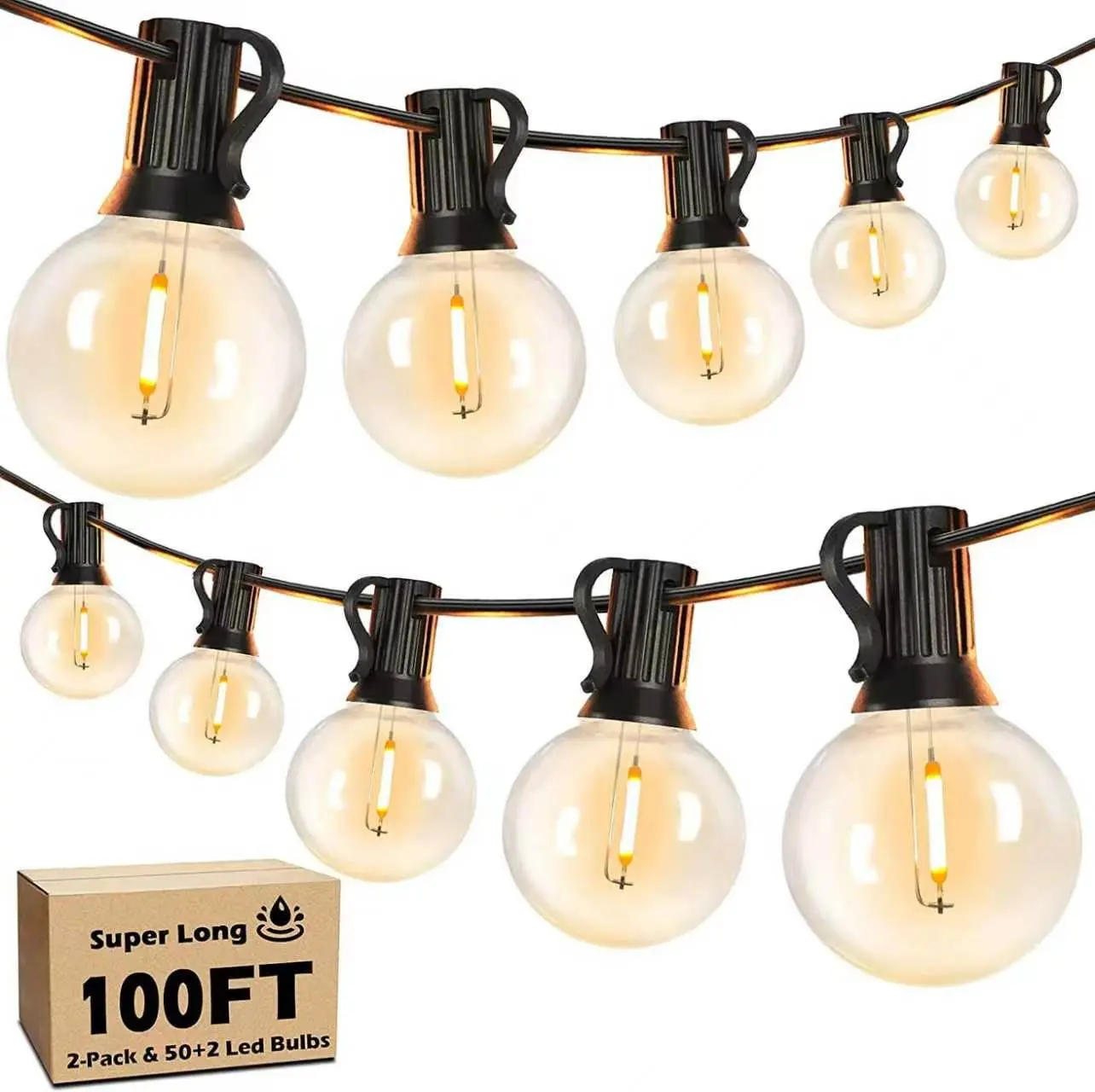 200/100/50ft LED String Lights Waterproof - ST38-G40 shatterproof Edison bulbs, bright, dusk-to-dawn plug-in, suitable for indoor/outdoor lighting like gardens, porches, patios, balconies, camping, backyards, parties, and holidays