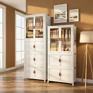 Space Saving Stackable Storage Bins with Wheels – Folding Plastic Storage Cabinet Organizer with Magnetic Door for Closet, Bedroom & Office Wardrobe Armoire trinket trade box storage organization organizer storage