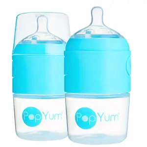PopYum 5oz Anti-Colic Baby Bottle for Breast and Formula Feeding, 2-Pack, Blue, #1 Slow Flow Nipples