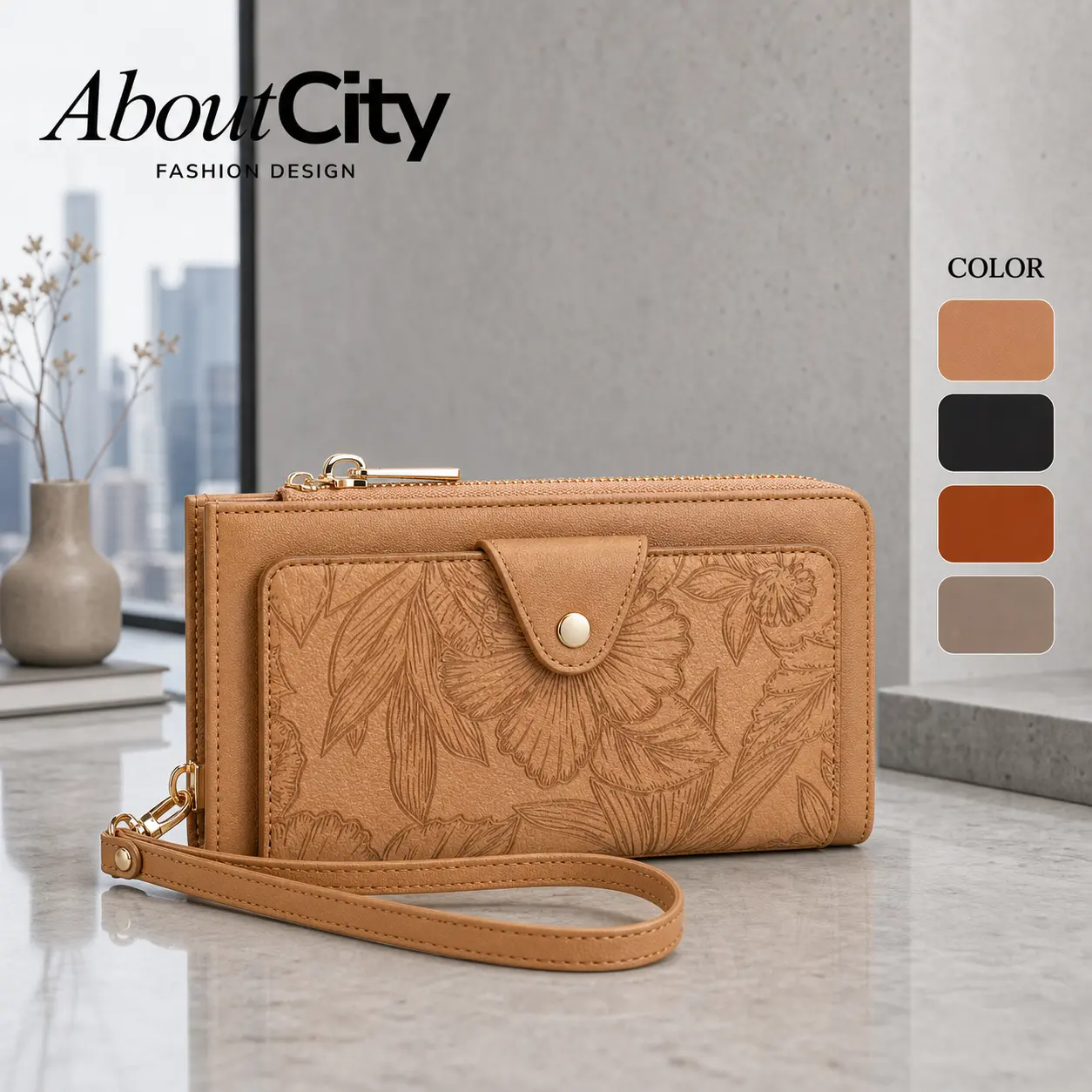 AboutCity Alyssa Floral Embossed Zip Around Wristlet Wallet for Women, Long Clutch Card Holder with Strap, Zipper Wristlet Purse
