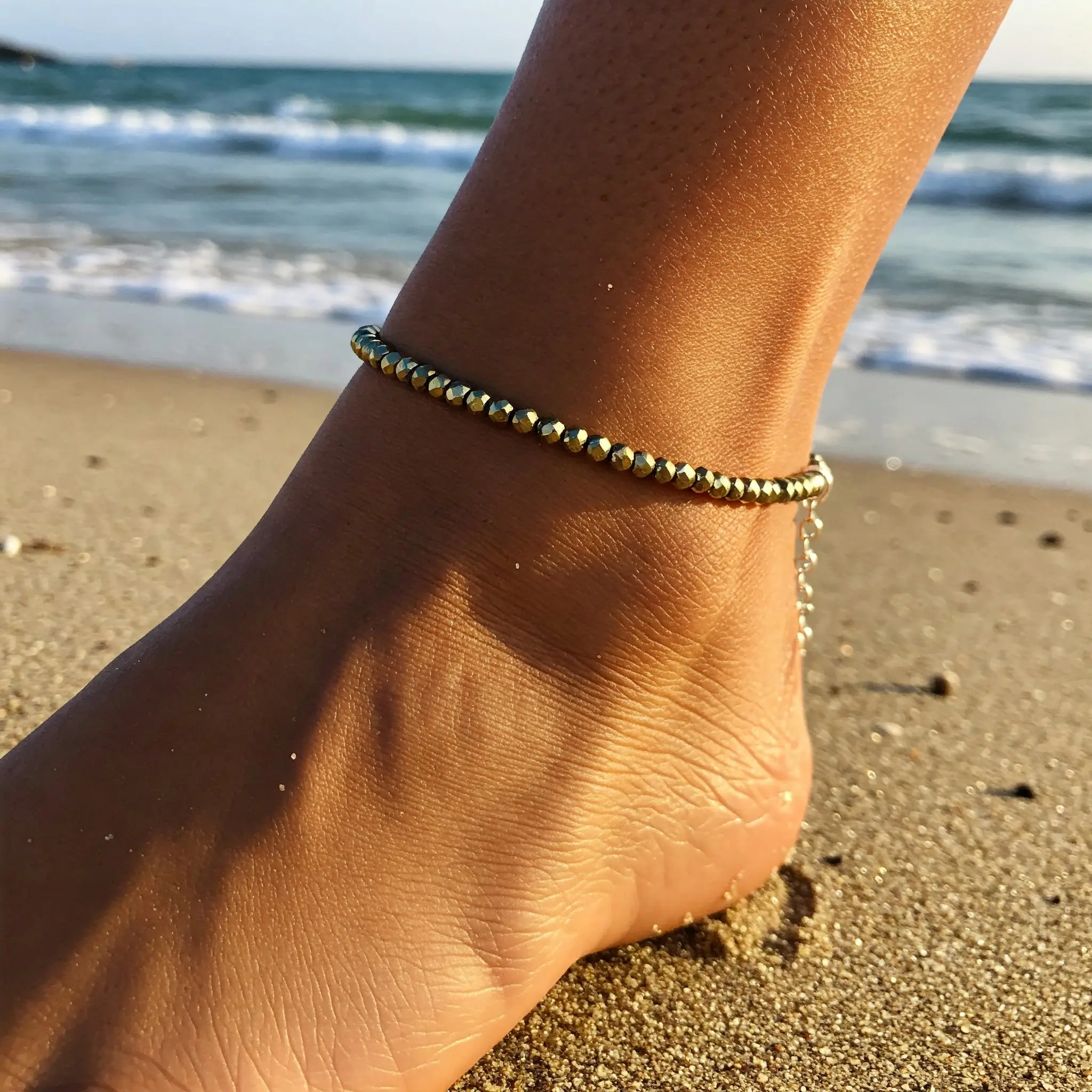 Natural  Bronze Pyrite 2mm Beads Ankle Foot Bracelet Healing Balance Reiki Women Crystal Handmade Sliver Chain Anklet Gifts