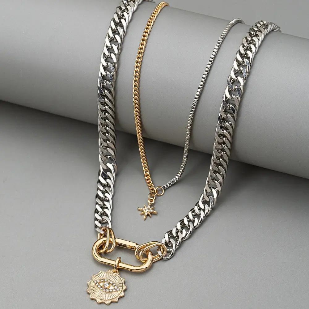 Metal simple gold and silver two-color multi-layer necklace, personalized exaggerated trendy eye pendant multi-layer stacking necklace for women, fashionable and versatile, suitable for daily wear during the back-to-school season, and a gift for Teacher's