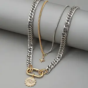 Metal simple gold and silver two-color multi-layer necklace, personalized exaggerated trendy eye pendant multi-layer stacking necklace for women, fashionable and versatile, suitable for daily wear during the back-to-school season, and a gift for Teacher's