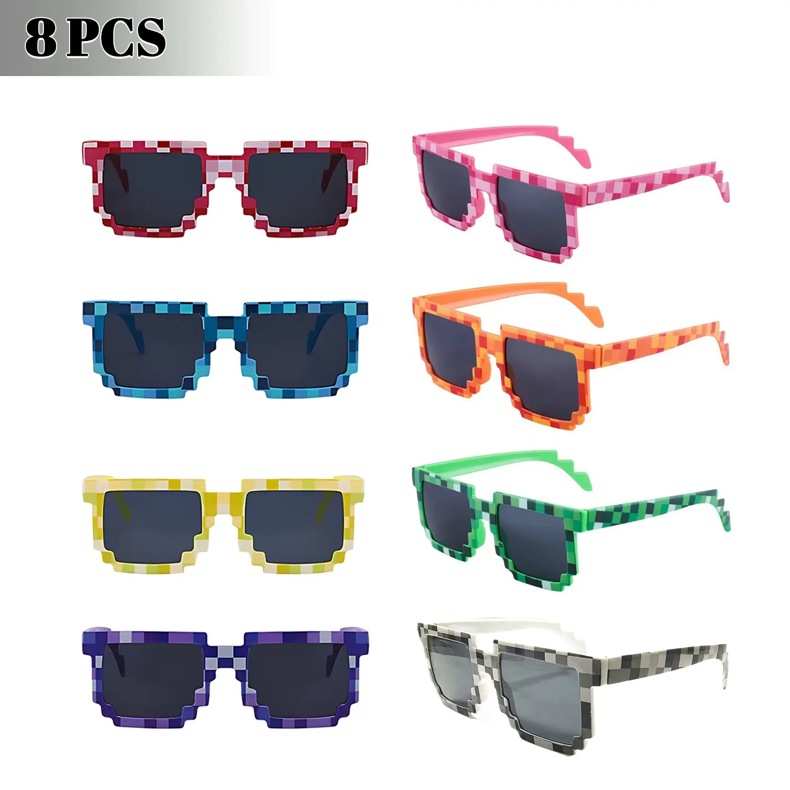 8 Pcs Pixel Style Mosaic Sunglasses, Unisex Funny Party Glasses, Multi-Color Block Theme, Halloween, Birthday, Cosplay, Photo Props, Party Accessories