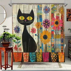 A creative colorful floral and black cat print shower curtain, perfect for bathroom decoration, partitions, beautifying spaces, waterproof, wear-resistant, easy to clean, machine washable, multi-size options, shower curtain hooks