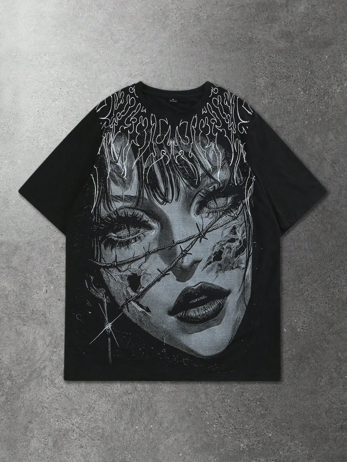 Oversized Gothic Round Neck T-Shirt, Dark Aesthetic Anime Girl Barbed Wire Print, Y2K Street Punk Style Top, Unisex Heavyweight Short Sleeve Tee, E-Girl Alt Fashion, Streetwear
