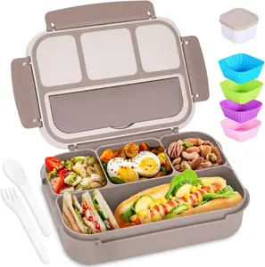 Adult Lunch Box with 4 Compartments, 40 Oz/5 Cup, Microwave & Dishwasher Safe, Brown Bento Box Set with Utensils, Sauce Jar, Muffin Liners, Leak-proof Design