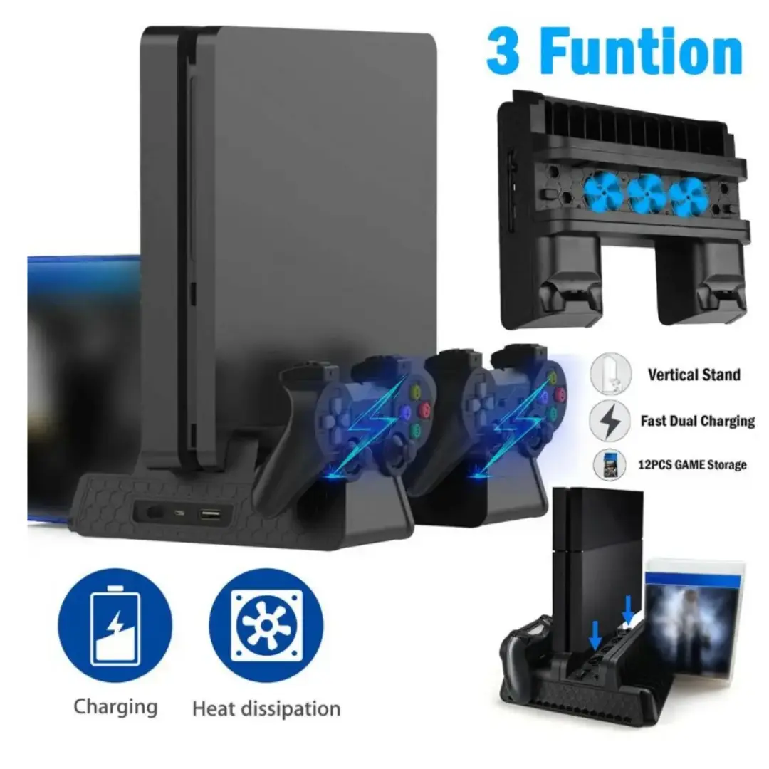 Stand Fan For Support Sony Play Station PS4 Pro Slim Console Playstation PS 4 Game Controller Cooler Accessories Cooling Products Cooling Control Cooling System Cooling Strong Airflow charging dock Gamepad Base dual charger disc holder