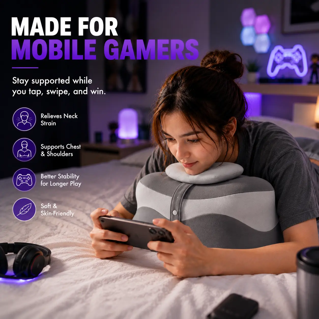 Gaming Pillow for Bed – Neck Support Cushion for Gaming, Reading & Watching Videos