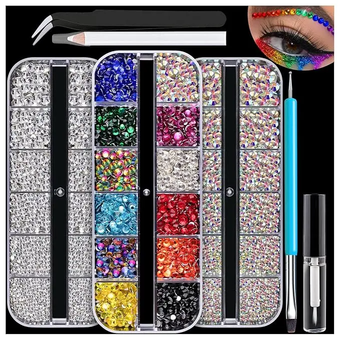 Cosmetic Face Jewels Kit with Shimmer Flatback Glitter Rhinestones, Includes Waterproof Glue & Tools, AB, Transparent & Multi-Color Gems for Makeup & Nail Art, Daily, Durable, Holiday, Concerts, Iridescent, Diy Nails At Home, Glitter Nails