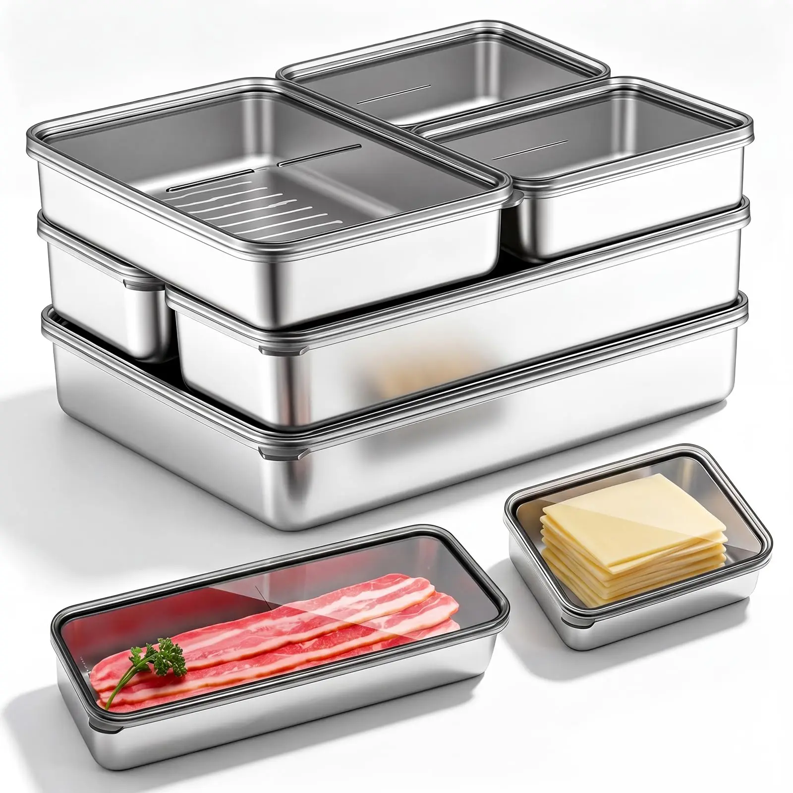 6-Pack 304 Stainless Steel Food Storage Containers with Airtight Snap Lids - 4 Sizes, Sturdy, Leakproof, Stackable, Portable, Dishwasher-Freezer Safe, Raised Stripes Base, Lunch Solutions, Gift for Culinary Enthusiasts & Colleagues (for Bacon, Cheese)