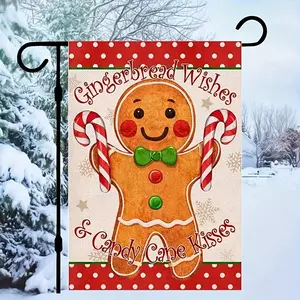 Happy Holidays Gingerbread Blessing Candy Cane Kiss Decorative Burlap Garden Flag, Small Outdoor Decoration for Home Yard, Winter Holiday Season Dual-Sided 12x18