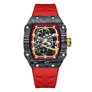 Men’s Ultra-Thin Skeleton Tonneau Watch, Carbon Fiber Pattern Case with Red Silicone Band, 3ATM Waterproof Quartz Chronograph Wristwatch
