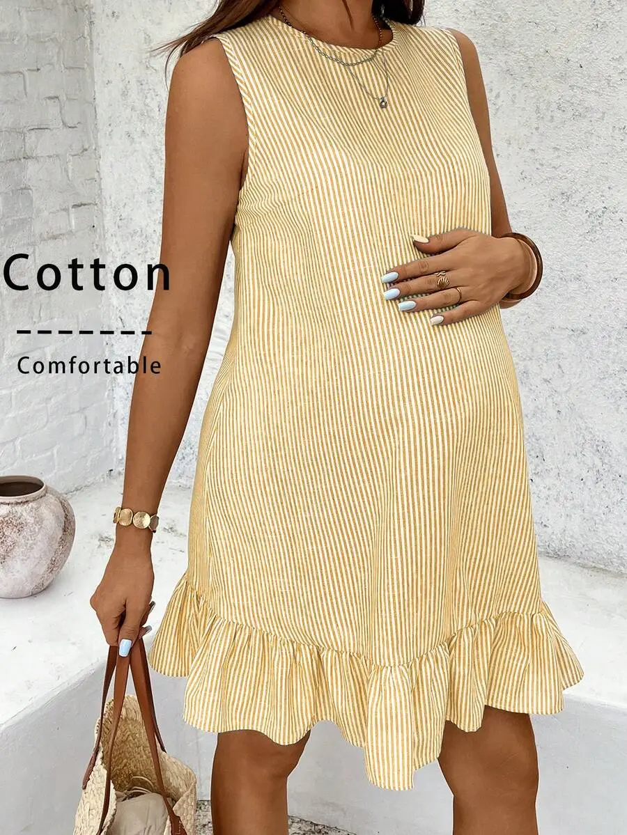MaterniRIO Yellow Pinstriped Maternity Dress - Comfortable Cotton Loose-Fitting Sundress with Sexy Ruffle Hem for Vacation