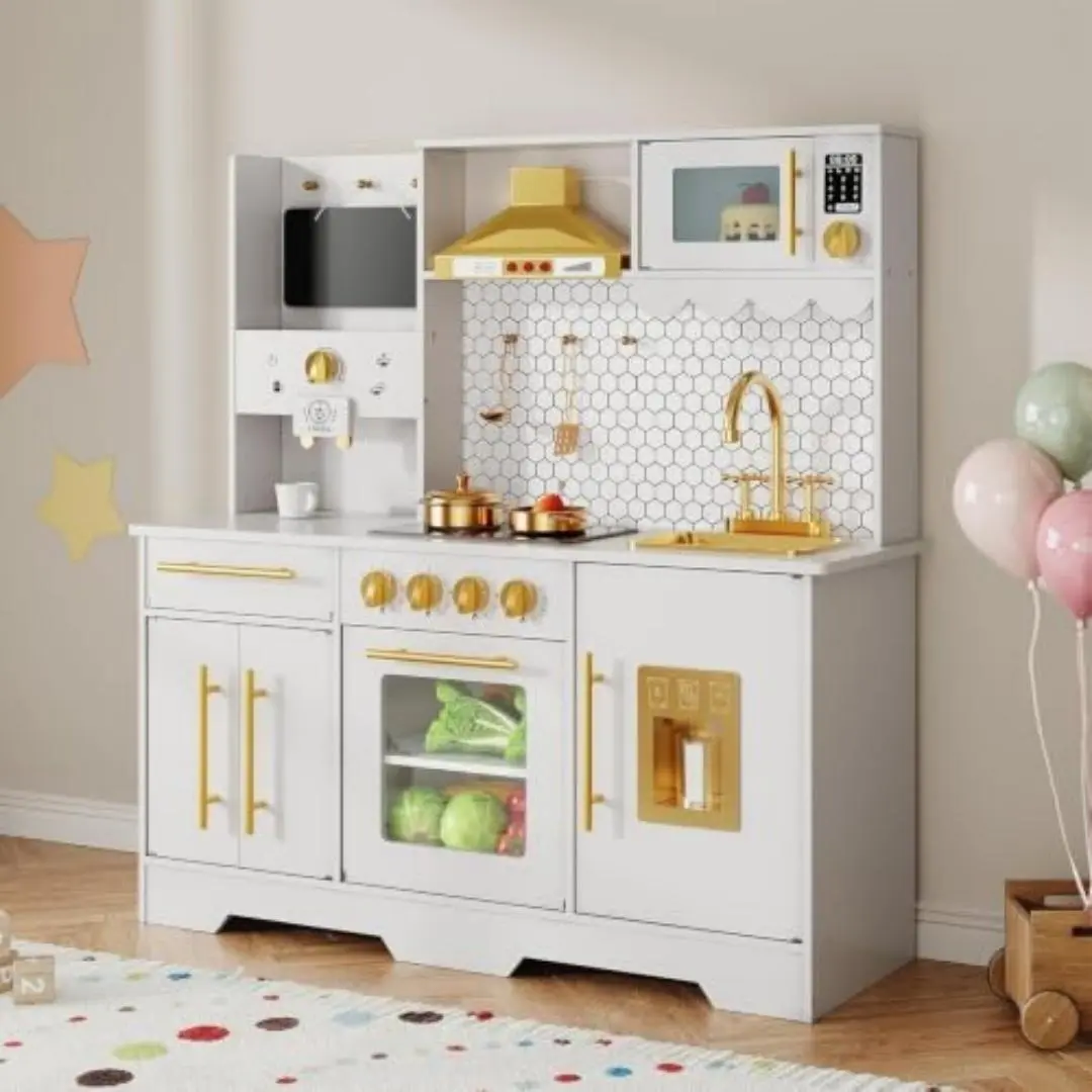 Children's Wooden Kitchen with Light, Sounds, Cooker and | 11-piece accessories, MDF construction, storage space, illuminated hob and sound elements for creative role play