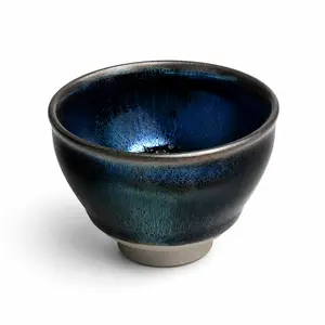 Tenmoku Style Tea Cup, Blue Black Kiln Glazed Ceramic Gongfu Tea Bowl, Jian Zhan Inspired Teacup for Loose Leaf Tea and Tea Ceremony
