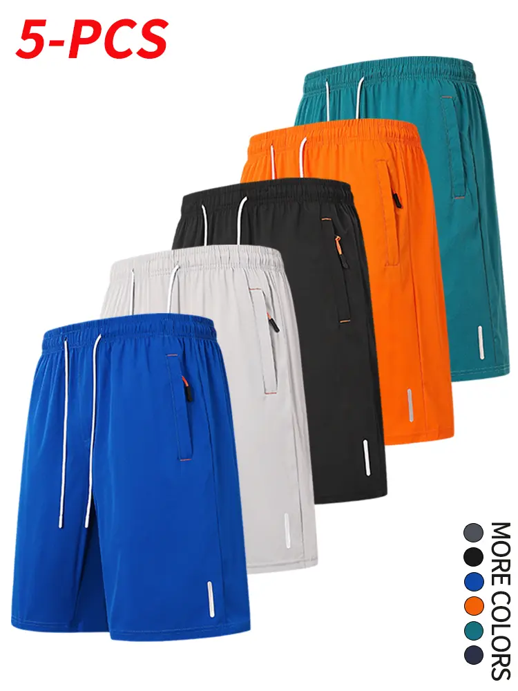 Men’s casual solid color shorts, 5 pieces; ice silk fabric for breathability; drawstring waist; pockets and zipper; suitable for summer wear; men’s everyday bottoms