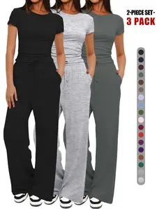 Women's Spring Summer Casual Everyday Set, Round Neck Short Sleeve Top & Wide Leg Pants, Slim Fit Home Wear, 2 Piece, Ruched Design, Drawstring