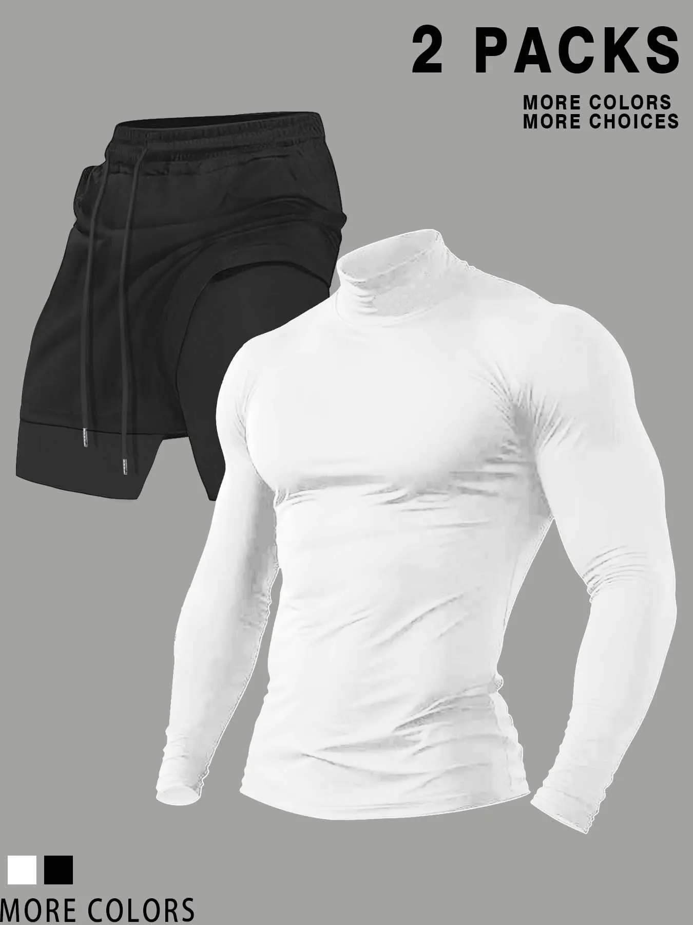 Men's 2-Pack Compression Turtleneck Shirt & Athletic Shorts Set, Gym Workout Activewear, Moisture-Wicking Fabric, Loose-Fitting, All Seasons