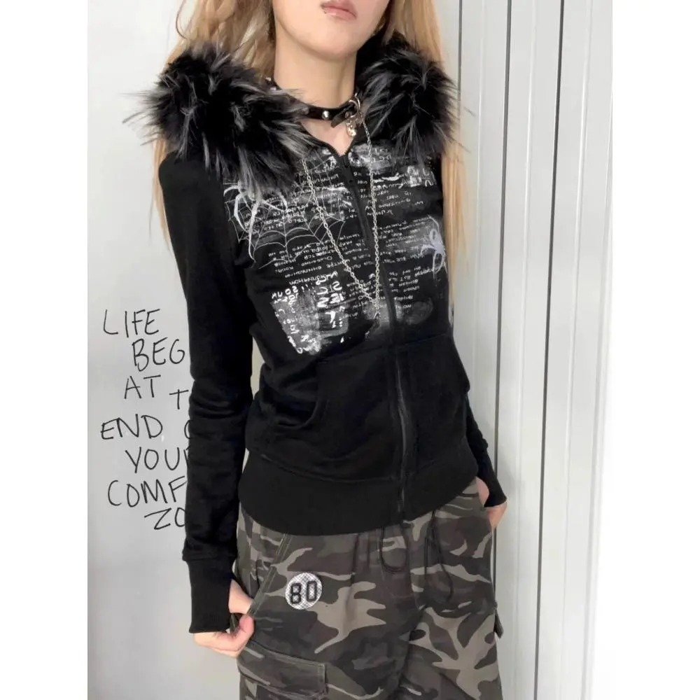 ヴィンテージ風 grunge スウェットジャケット 古着系 Y2K レディース Y2k Fur Patchwork Grunge Hoodies Women Streetwear Vintage Harajuku