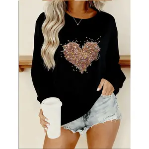 Plus Size, Glitter Confetti Pattern Oversized Plus Size Long Sleeve T-shirt Women's Big Size Top Comfy Chic Street Style Apparel for Curvy Daily Casual Outing Autumn Winter Essentials