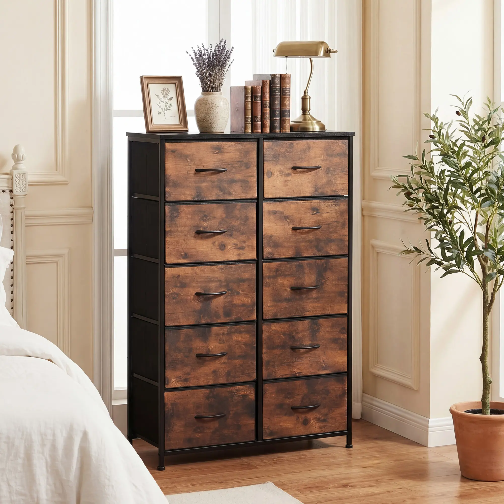 DUMOS Tall Fabric Storage Tower Dresser with 10 Drawers & Wood Top, Bedroom Dresser for Adults, Ideal for Bedroom, Nursery, Entryway Indoor Furniture Storage