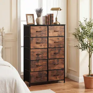 Tall Fabric Storage Tower Dresser with 10 Drawers and Wood Top for Bedroom