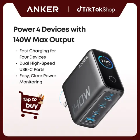 [Live Only] Anker 140W Laptop Charger, 4-Port Multi-Device Charging, 140W Max USB-C Charger, Advanced GaN Power, Intuitive Touch Controls, for MacBook, iPhone 16 Series, Galaxy, Pixel, and More sohochic, Usb C Adapter, Typec Fast Charging
