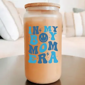 Sip-Sip Hooray! 16oz Retro In My Boy Mom Era Glass Cup – Mother’s Day Gift with Lid & Plastic and Glass Straws, Cute Boy Mom Tumbler, Reusable Aesthetic Drinkware Mug Water Bottles