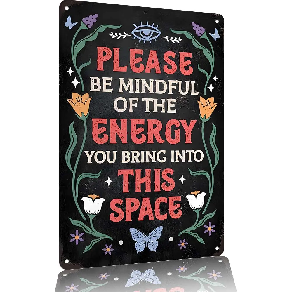 "Mindful Energy" 12x8 In Aluminium Metal Sign - Boho Spiritual Wall Decor with Floral & Butterfly Accents for Bedroom, Living Room, Front Porch