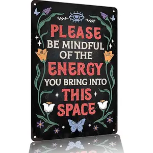 "Mindful Energy" Metal Sign 12x8 Inches – Aluminum Boho & Spiritual Wall Decor with Floral & Butterfly Accents Yard Sign  bedroom decor, living room sign, front porch plaque, backyard patio decor