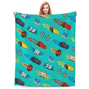 DISNEY CLASSIC Cars Throw Blanket – Lightning McQueen, and Racing Elements with Checkered Flags and Speed Numbers on Vibrant Teal Background, Soft for Pixar Fans and Race Enthusiasts