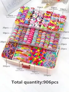 906pcs - Fashionable and sweet girls' rainbow hair accessory set, with multiple styles and quantities, including various elastic hair ties, hair bands, hair grips, rainbow ponytail clips, suitable for daily clothing headwear styling and design combination