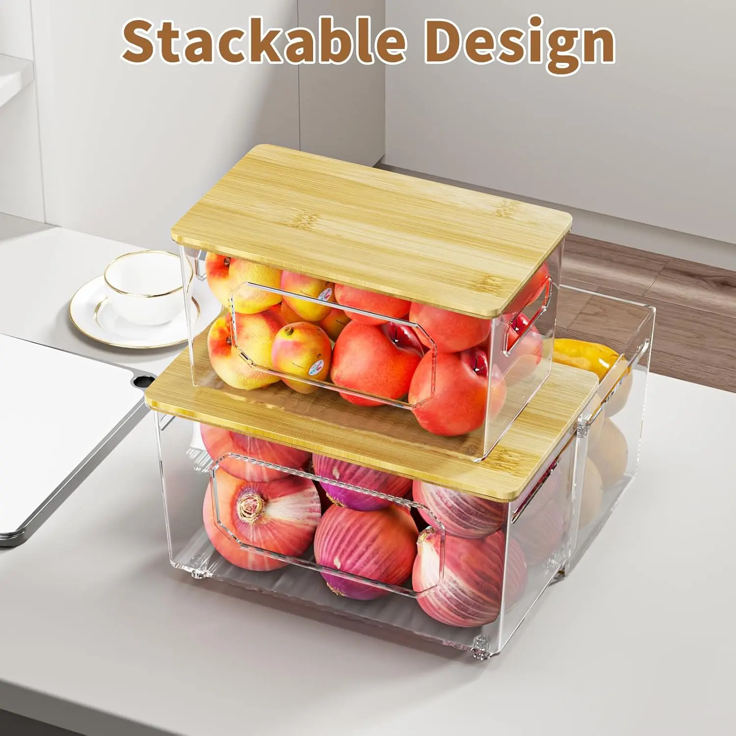 3-in-1 Acrylic Trash Bag Holder with Bamboo Lid - Under-Sink Organizer with Pull-Out Compartment Box, Humidity-Resistant Cleaning Supplies Storage for Kitchen, Laundry Room, Easy to Clean