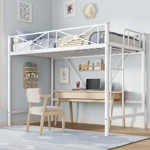 White Metal Loft Bed Twin Size, Industrial Loftbeds Heavy Duty Bed with Safety Guard Rails and Space-Saving Design, Steel Bed for School, Bedroom