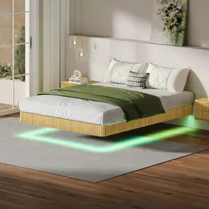 Queen Floating Bed Frame with LED Lights, Japanese Floating Bed Queen Size without Headboard, Modern Fluted Low Metal platform bedframe, No Box Spring Required, Easy Assemble (Oak, Queen)