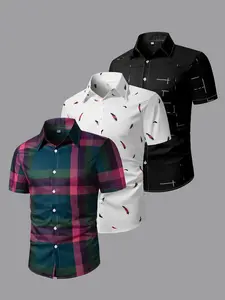 Men's Random Checked Plaid Print Short Sleeve Shirt, Casual Regular Fit Button Collar Top for Summer, Men's Clothes for Daily Wear