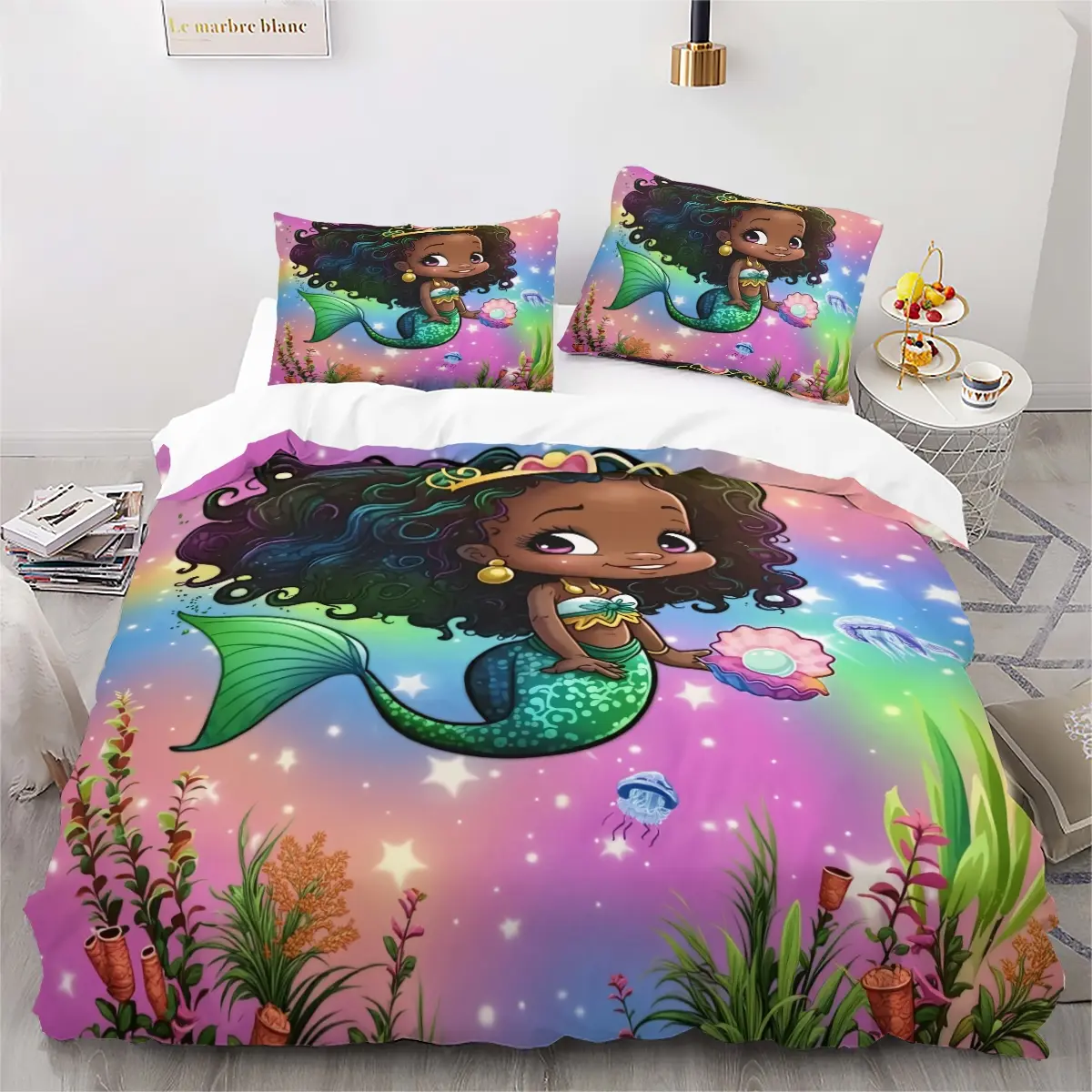 Girl Mermaid Bedding Set, Cute Bedding, 2-3 Piece, Valentine's Day Gift, High-Quality Print, All-Season Home Decor, Bedding Sheets, Bedsheets, Includes Sheet and Pillowcases